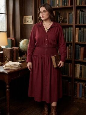 Future Collective Burgundy Smocked Midi Shirtdress • Dark Academia Boho Size XL